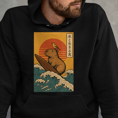 Cute Capybara Shirt, Funny Capybara Unisex T-Shirt/Hoodie/Sweatshirt HLT00 - Capybara Surfing Japanese T-Shirt