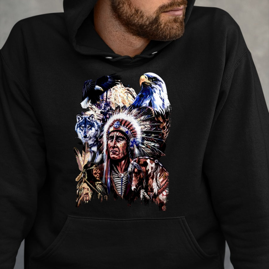 Native American T-Shirts, Vintage Native American Unisex T-Shirt/Hoodie/Sweatshirt HLT00 - American Indigenous Art Native Indian Chief Headdress