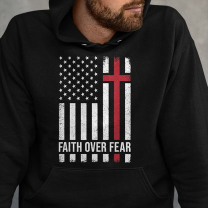 Christian Tee, Christian Faith Unisex T-Shirt/Hoodie/Sweatshirt HLT00 - Christian US USA Flag American Christ Faith Over Fear Cross T-Shirt