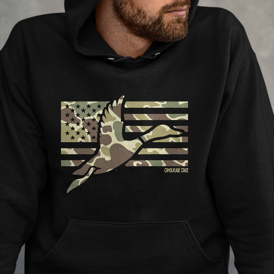 Funny Hunting Shirt, Gift For Hunting Lover Unisex T-Shirt/Hoodie/Sweatshirt HLT00 - Camo Patriotic Mallard Duck Camouflage Flying Duck Hunting T-Shirt
