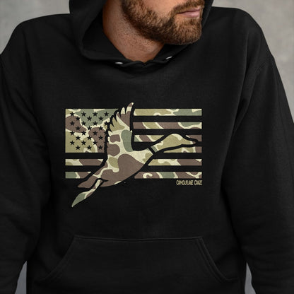 Funny Hunting Shirt, Gift For Hunting Lover Unisex T-Shirt/Hoodie/Sweatshirt HLT00 - Camo Patriotic Mallard Duck Camouflage Flying Duck Hunting T-Shirt