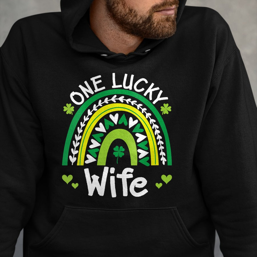 Best Wife Shirt, Wife and Husband Unisex T-Shirt/Hoodie/Sweatshirt HLT00 - Gift for wife T shirt, lucky wife   Womens One Lucky Wife Boho Rainbow St Patricks Day Shamrock V-Ne