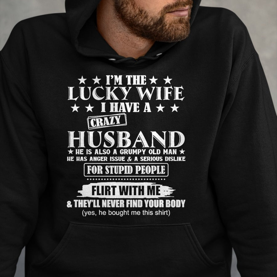 Best Wife Shirt, Wife and Husband Unisex T-Shirt/Hoodie/Sweatshirt HLT00 - Gift for wife T shirt, lucky wife   I'm The Lucky Wife I Have A Crazy Husband Premium T-Shirt (1)