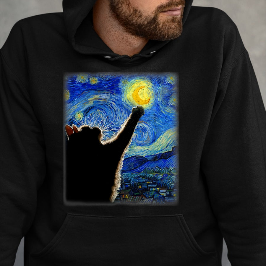 Best Thanksgiving Family Shirt , Funny Thanksgiving UnisexT-Shirt/Hoodie/Sweatshirt HLT00 - Starry Night Cat, Van Gogh Cat, Cat Lover, Cat Mom, Cat Dad T-Shirt, Black