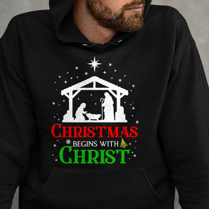 Christian Tee, Christian Faith Unisex T-Shirt/Hoodie/Sweatshirt HLT00 - Christmas Begins With Christ Christian Religious Jesus Xmas T-Shirt