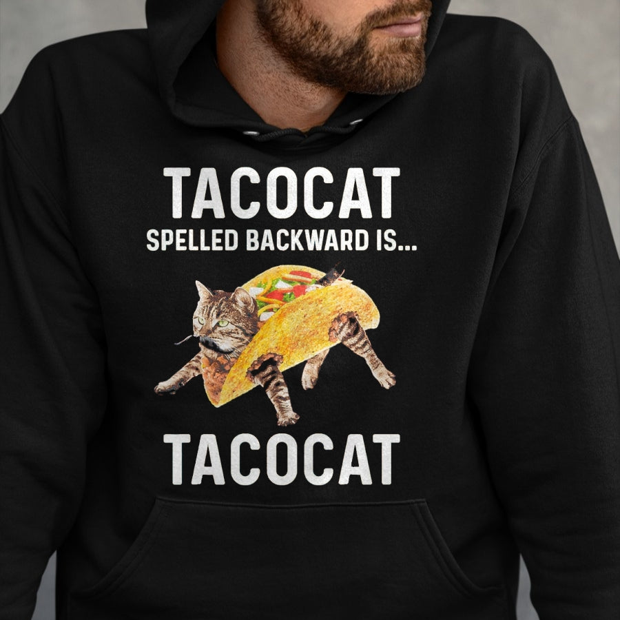 Cat Love Shirt, Funny Cat Lover Gift UnisexT-Shirt/Hoodie/Sweatshirt HLT00 - Tacocat Spelled Backward is Tacocat - Love Cat and Taco T-Shirt, Men, Black, Medium (1)