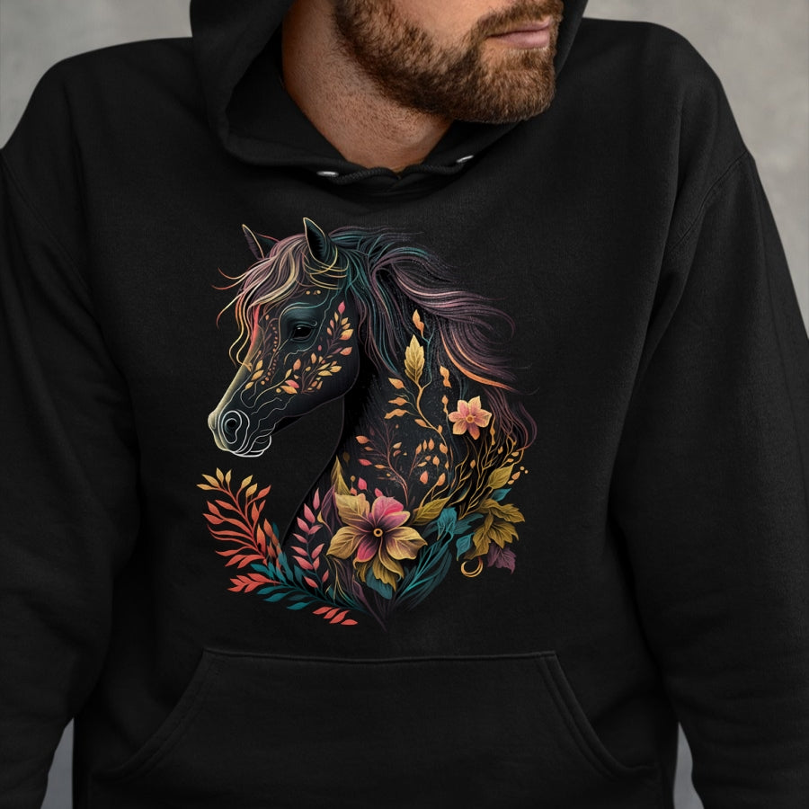 Best Horse Lover Shirt , Funny Horse UnisexT-Shirt/Hoodie/Sweatshirt HLT00 - Beautiful Horse with Flowers and Plants Equestrian Art Black Long Sleeve T-Shirt
