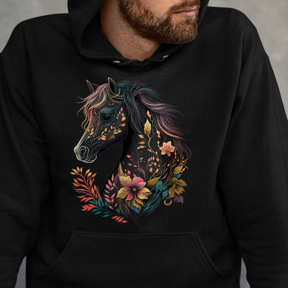 Best Horse Lover Shirt , Funny Horse UnisexT-Shirt/Hoodie/Sweatshirt HLT00 - Beautiful Horse with Flowers and Plants Equestrian Art Black Long Sleeve T-Shirt