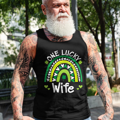 Best Wife Shirt, Wife and Husband Unisex T-Shirt/Hoodie/Sweatshirt HLT00 - Gift for wife T shirt, lucky wife   Womens One Lucky Wife Boho Rainbow St Patricks Day Shamrock V-Ne