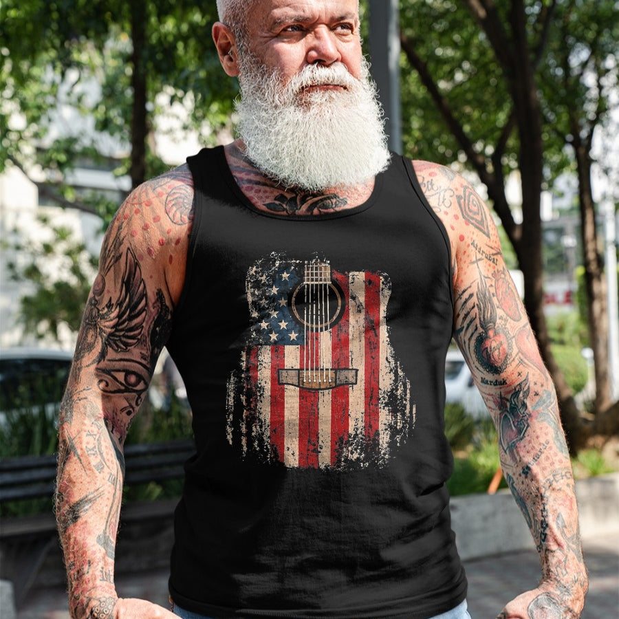 Guitar Lover Shirt, Funny Guitar UnisexT-Shirt/Hoodie/Sweatshirt HLT00 - Vintage USA American Flag Guitar Player Musician Guitarist T-Shirt, Men, Black, 3X-Large