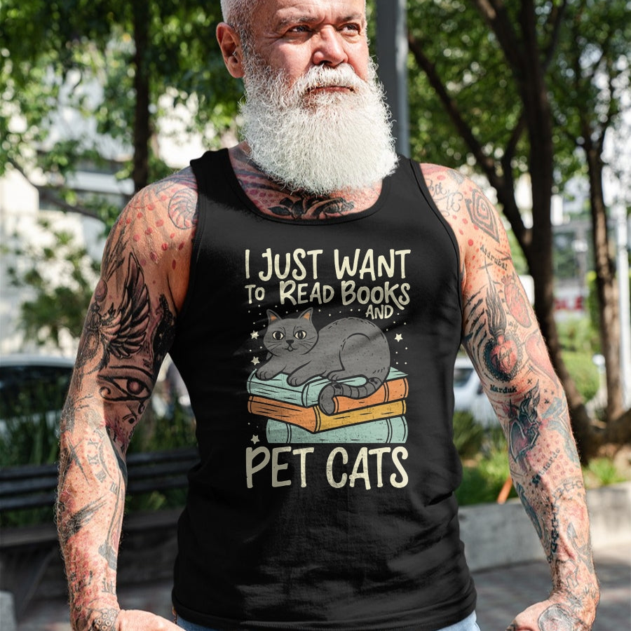 Cat Love Shirt, Funny Cat Lover Gift UnisexT-Shirt/Hoodie/Sweatshirt HLT00 - Retro I Just Want to Read Books and Pet Cats Cat T-Shirt