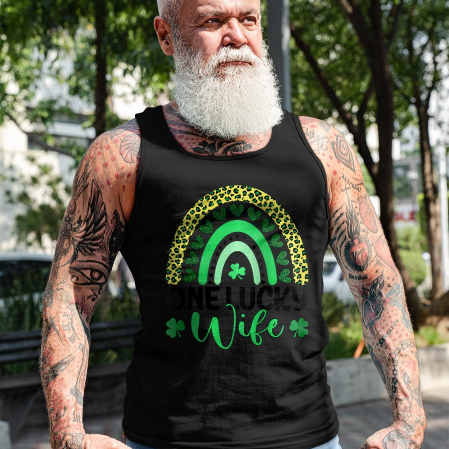 Best Wife Shirt, Wife and Husband Unisex T-Shirt/Hoodie/Sweatshirt HLT00 - Gift for wife T shirt, lucky wife   Womens One Lucky Wife Leopard Rainbow Saint Patrick's Day Raglan