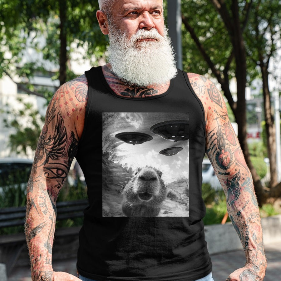Cute Capybara Shirt, Funny Capybara Unisex T-Shirt/Hoodie/Sweatshirt HLT00 - Funny Capybara Selfie with UFOs Weird Graphic Tee Alien UFO T-Shirt