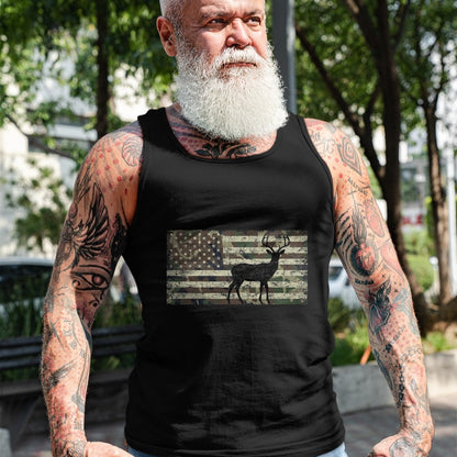 Funny Hunting Shirt, Gift For Hunting Lover Unisex T-Shirt/Hoodie/Sweatshirt HLT00 - Deer Hunting Camo American Flag Buck Standing Hunter Country T-Shirt