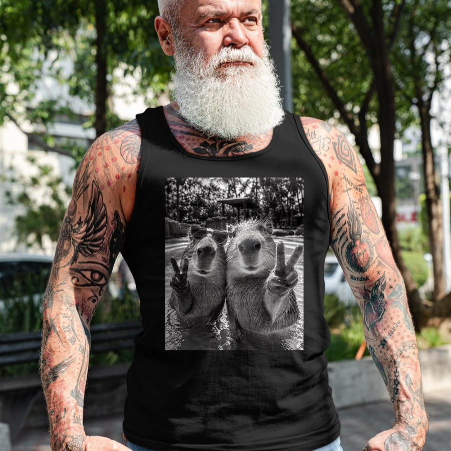 Cute Capybara Shirt, Funny Capybara Unisex T-Shirt/Hoodie/Sweatshirt HLT00 - Funny Capybara Selfie Peace Sign Men Women Cute Animal T-Shirt