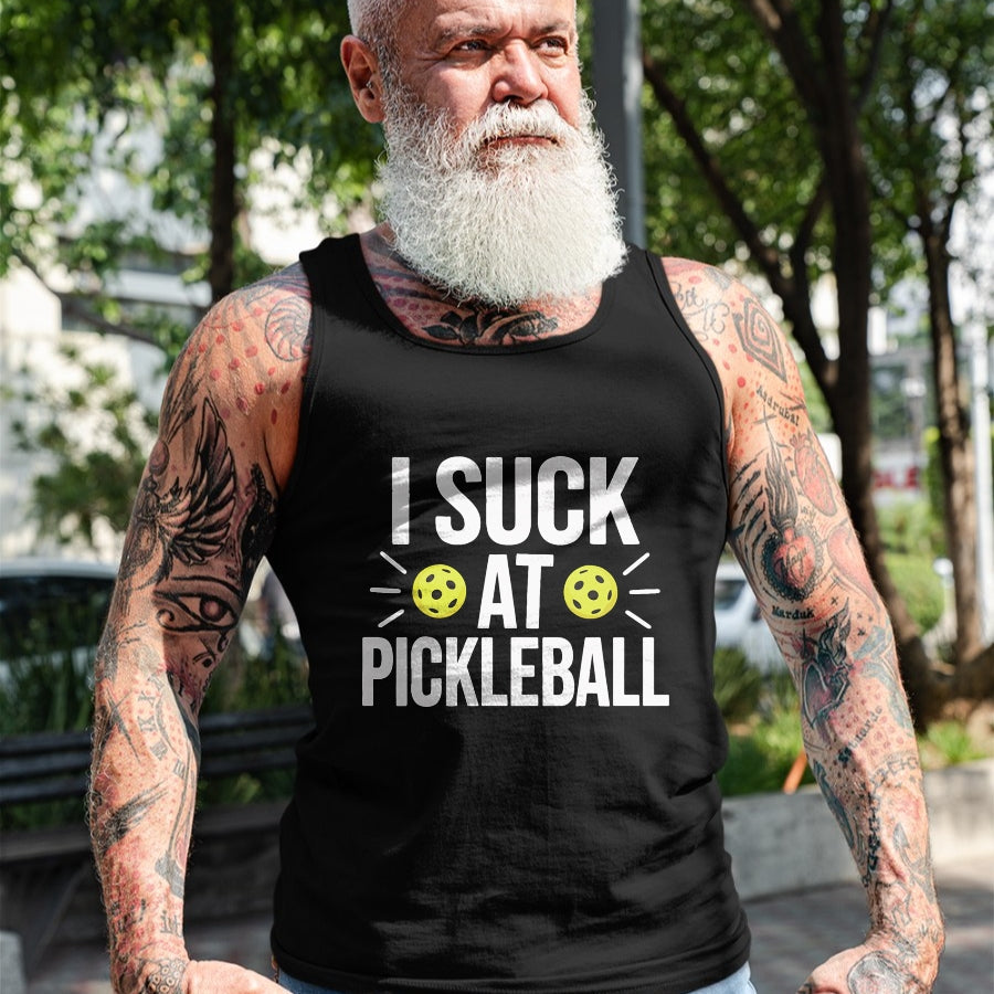 Funny Pickleball Shirt, Pickleball Lover Unisex T-Shirt/Hoodie/Sweatshirt HLT00 - I Suck At Pickleball T-Shirt