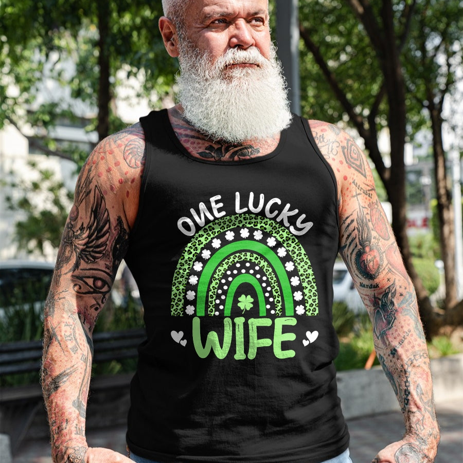 Best Wife Shirt, Wife and Husband Unisex T-Shirt/Hoodie/Sweatshirt HLT00 - Gift for wife T shirt, lucky wife   Womens One Lucky Wife Leopard Rainbow Clover St Patricks Day Tan