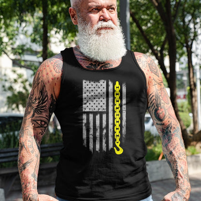 Best Truck Driver Life Shirt, Funny Trucker UnisexT-Shirt/Hoodie/Sweatshirt HLT00 - Yellow Tow Hook Chain Flag America Tow Truck Driver T-Shirt