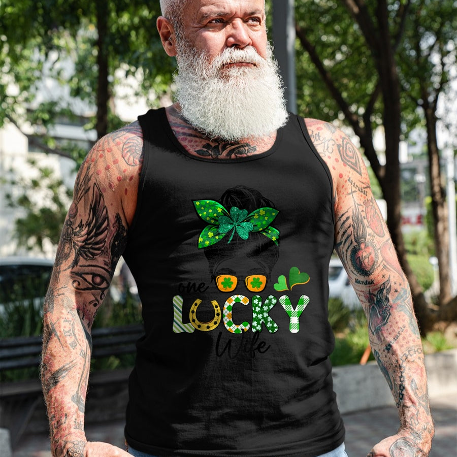 Best Wife Shirt, Wife and Husband Unisex T-Shirt/Hoodie/Sweatshirt HLT00 - Gift for wife T shirt, lucky wife   Womens One Lucky Wife Messy Bun Irish St Patricks Day Shamrock R