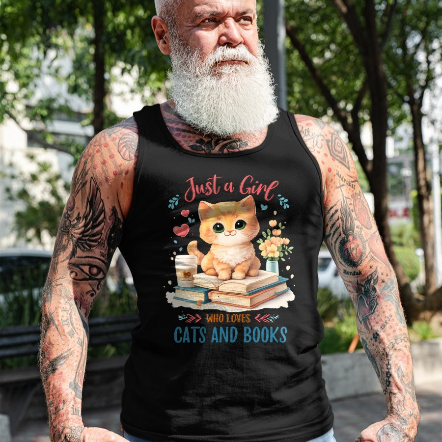 Cat Love Shirt, Funny Cat Lover Gift UnisexT-Shirt/Hoodie/Sweatshirt HLT00 - Just a Girl Who Loves Cats and Books Reading Cat & Bookworm Long Sleeve T-Shirt