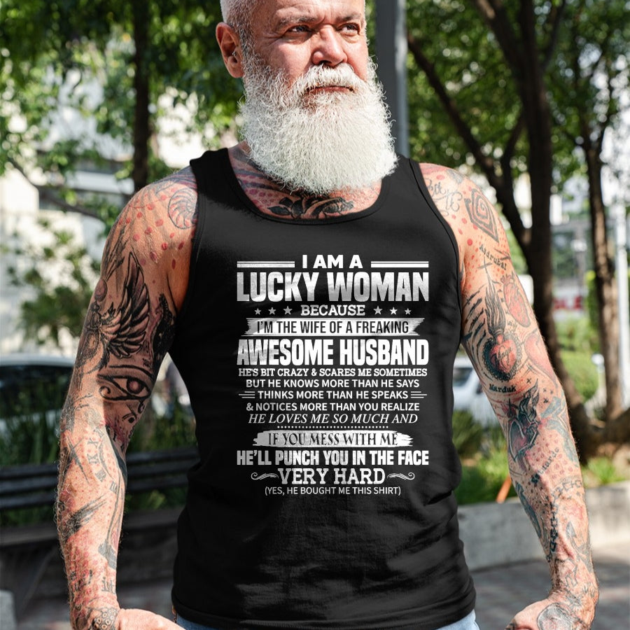 Best Wife Shirt, Wife and Husband Unisex T-Shirt/Hoodie/Sweatshirt HLT00 - A Lucky Woman I'm the wife of a freaking awesome husband T-Shirt (1)