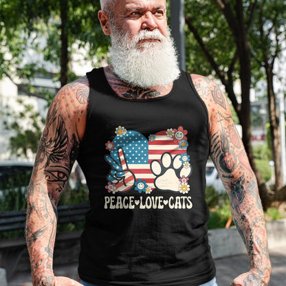 Cat Love Shirt, Funny Cat Lover Gift UnisexT-Shirt/Hoodie/Sweatshirt HLT00 - Peace Love Cats American Flag Patriotic Cat Lover Retro Cat T-Shirt
