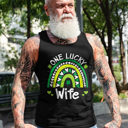 Best Wife Shirt, Wife and Husband Unisex T-Shirt/Hoodie/Sweatshirt HLT00 - Gift for wife T shirt, lucky wife   Womens One Lucky Wife Boho Rainbow St Patricks Day Shamrock Tank (1)