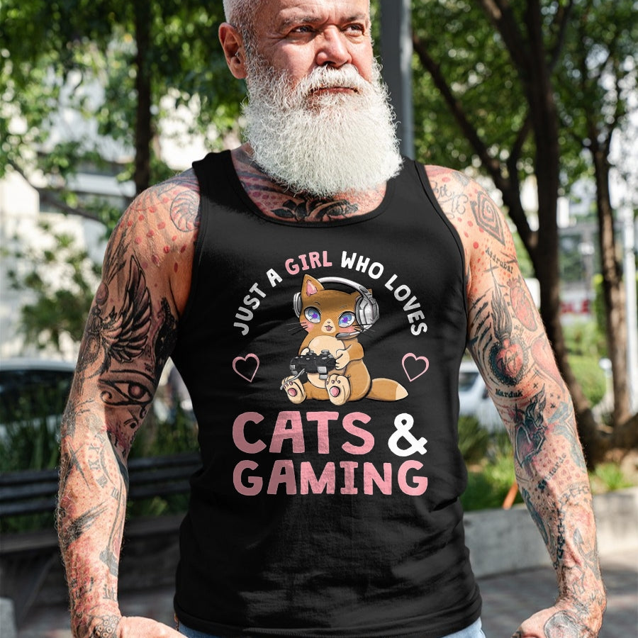 Cat Love Shirt, Funny Cat Lover Gift UnisexT-Shirt/Hoodie/Sweatshirt HLT00 - Just A Girl Who Loves Cats and Gaming Cute Gamer Cat T-Shirt, Men, Black, X-Large