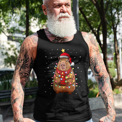 Cute Capybara Shirt, Funny Capybara Unisex T-Shirt/Hoodie/Sweatshirt HLT00 - Christmas Capybara with Santa Hat Xmas Lights Tree T-Shirt