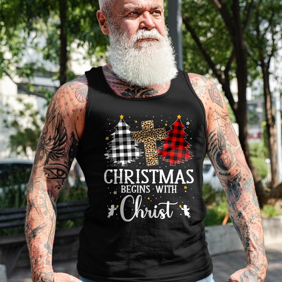 Christian Tee, Christian Faith Unisex T-Shirt/Hoodie/Sweatshirt HLT00 - Christmas Begins With Christ Jesus Cross Christian Christmas T-Shirt