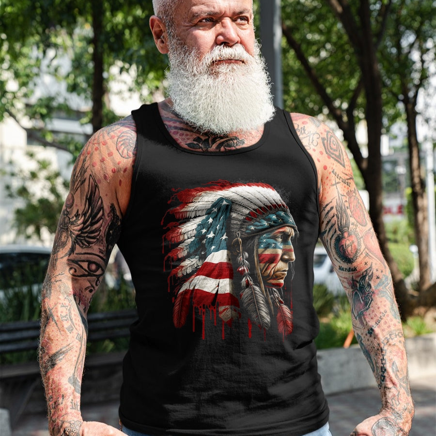Native American T-Shirts, Vintage Native American Unisex T-Shirt/Hoodie/Sweatshirt HLT00 - Native American Indian Chief American USA Flag