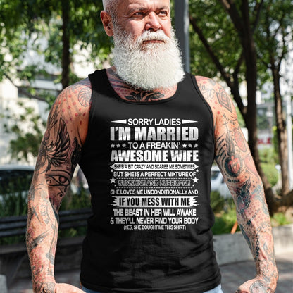 Best Wife Shirt, Wife and Husband Unisex T-Shirt/Hoodie/Sweatshirt HLT00 - Sorry Ladies I'm Married To A Freakin' Awesome Wife Gift T-Shirt (1)