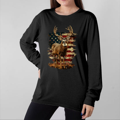 Funny Hunting Shirt, Gift For Hunting Lover Unisex T-Shirt/Hoodie/Sweatshirt HLT00 - Whitetail Buck Deer Hunting 4th of July USA American Flag T-Shirt