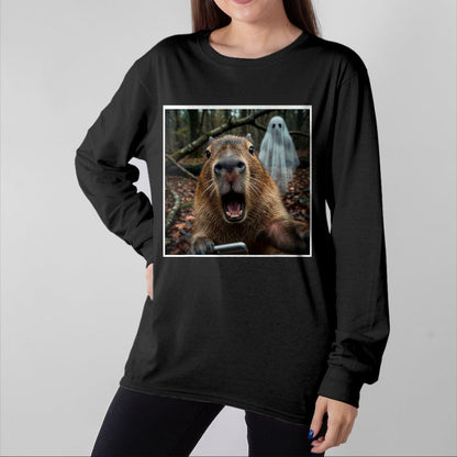 Cute Capybara Shirt, Funny Capybara Unisex T-Shirt/Hoodie/Sweatshirt HLT00 - Funny Capybara Ghost Selfie Photo Capy Meme Tee Kawaii T-Shirt