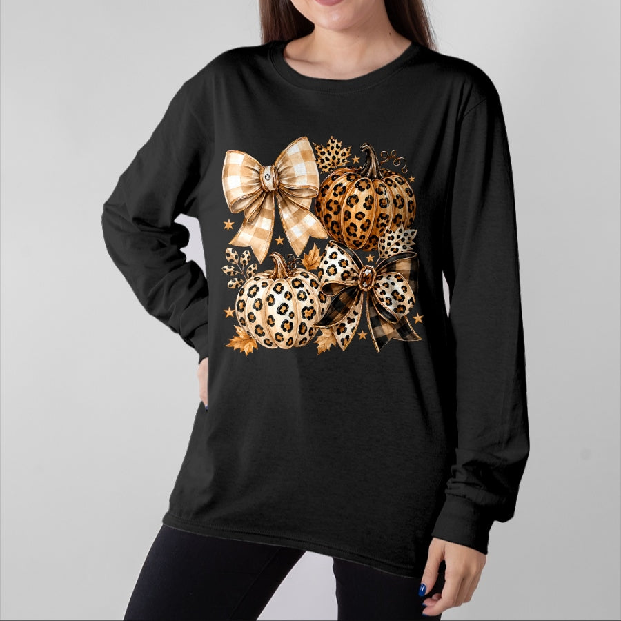 Best Thanksgiving Family Shirt , Funny Thanksgiving UnisexT-Shirt/Hoodie/Sweatshirt HLT00 - Coquette Bow Leopard Pumpkin Thanksgiving Autumn Fall Leaves T-Shirt