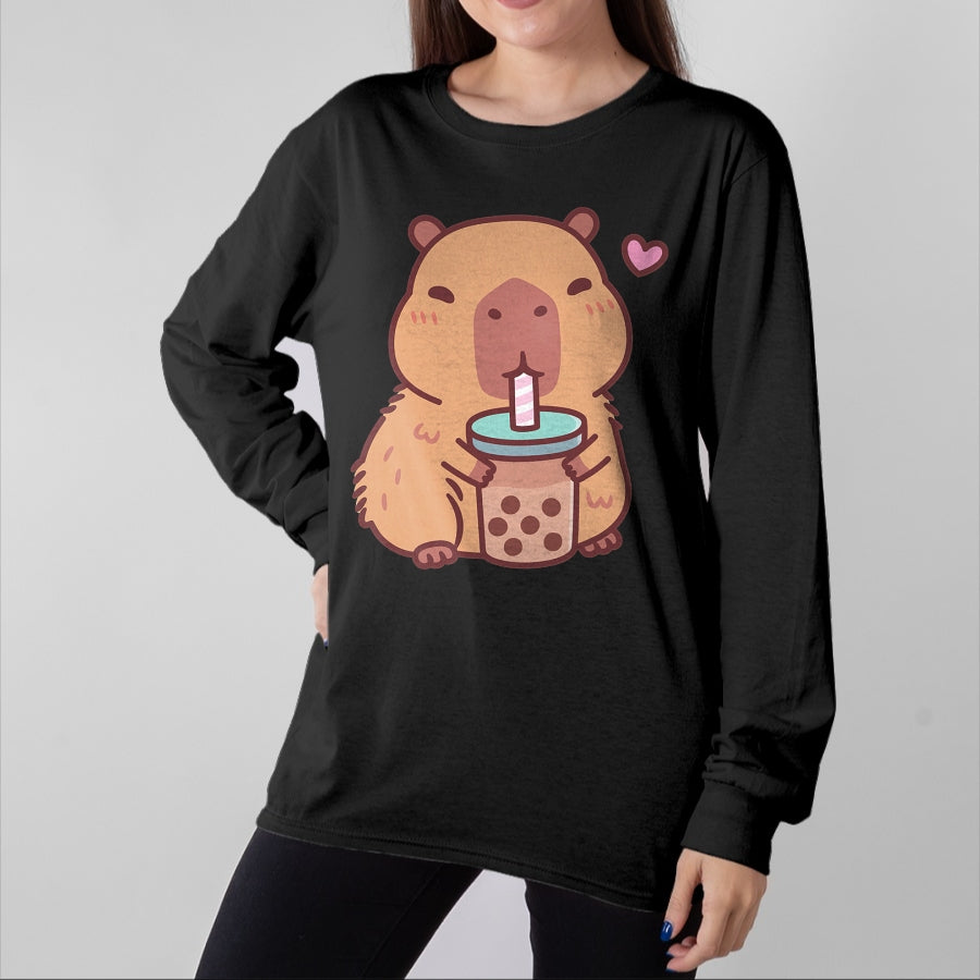 Cute Capybara Shirt, Funny Capybara Unisex T-Shirt/Hoodie/Sweatshirt HLT00 - Cute Capybara Kawaii Anime Drinking Bubble Tea Lover Girls T-Shirt