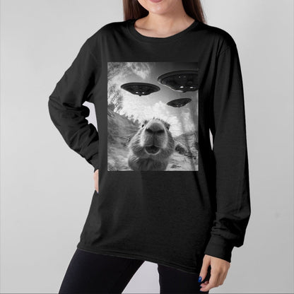 Cute Capybara Shirt, Funny Capybara Unisex T-Shirt/Hoodie/Sweatshirt HLT00 - Funny Capybara Selfie with UFOs Weird Graphic Tee Alien UFO T-Shirt