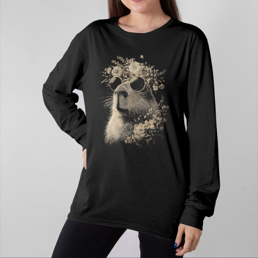 Cute Capybara Shirt, Funny Capybara Unisex T-Shirt/Hoodie/Sweatshirt HLT00 - Vintage Capybara with Sunglasses Floral Crown Boho Animal T-Shirt