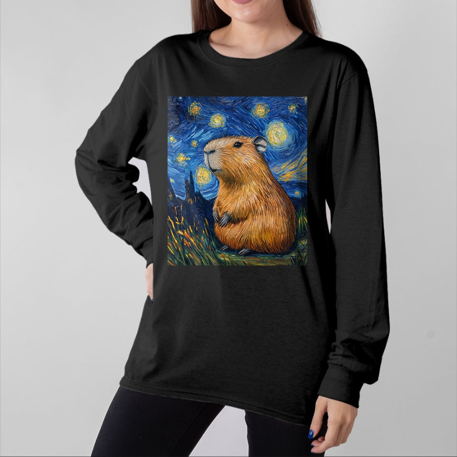 Cute Capybara Shirt, Funny Capybara Unisex T-Shirt/Hoodie/Sweatshirt HLT00 - Capybara Van Gogh Style Starry Night Funny Graphic T-Shirt