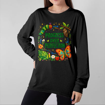 Best Teacher Shirt, Funny Teacher UnisexT-Shirt/Hoodie/Sweatshirt HLT00 - Teachers Back to School Progress Over Perfection Butterfly T-Shirt