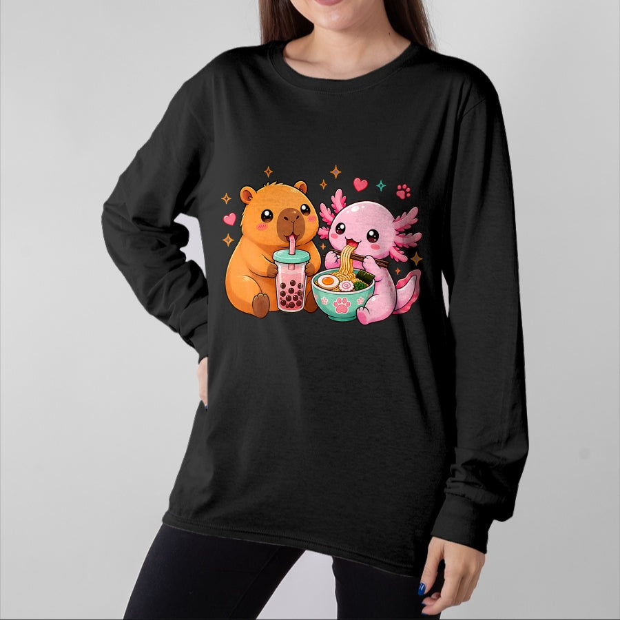 Cute Capybara Shirt, Funny Capybara Unisex T-Shirt/Hoodie/Sweatshirt HLT00 - Cute Capybara Axolotl Boba Ramen Anime Kawaii Foodie Friends T-Shirt