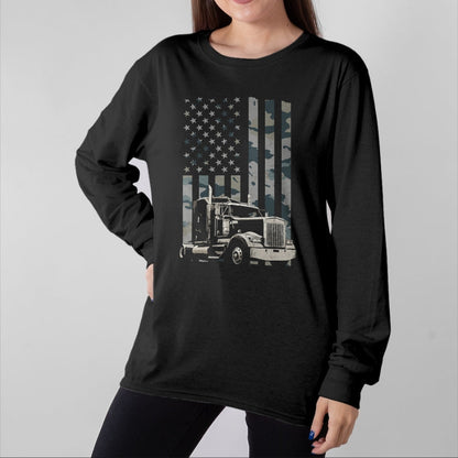 Best Truck Driver Life Shirt, Funny Trucker UnisexT-Shirt/Hoodie/Sweatshirt HLT00 - Trucker American Flag Trucking (Design on Back) Long Sleeve T-Shirt