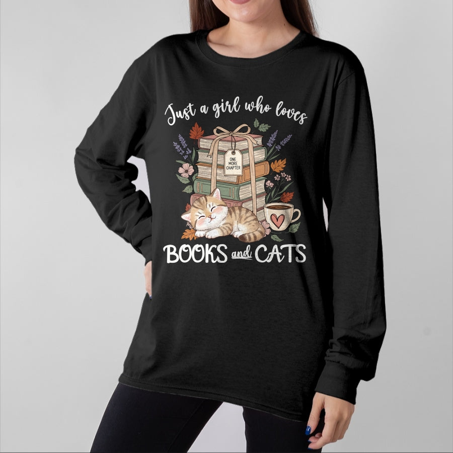 Cat Love Shirt, Funny Cat Lover Gift UnisexT-Shirt/Hoodie/Sweatshirt HLT00 - Pretty Just a Girl Who Loves Books and Cats Cat Lover Long Sleeve T-Shirt (1)