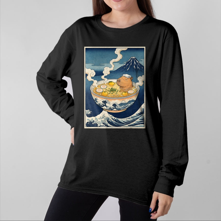 Cute Capybara Shirt, Funny Capybara Unisex T-Shirt/Hoodie/Sweatshirt HLT00 - Cute Capybara Ramen Mt Fuji Ukiyo-e Great Wave Japanese Art T-Shirt