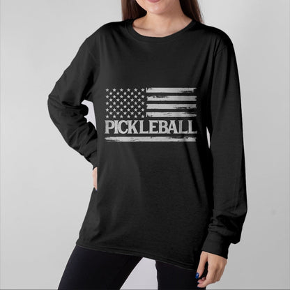Funny Pickleball Shirt, Pickleball Lover Unisex T-Shirt/Hoodie/Sweatshirt HLT00 - Pickleball Grey Vintage USA Flag Player Coach T-Shirt