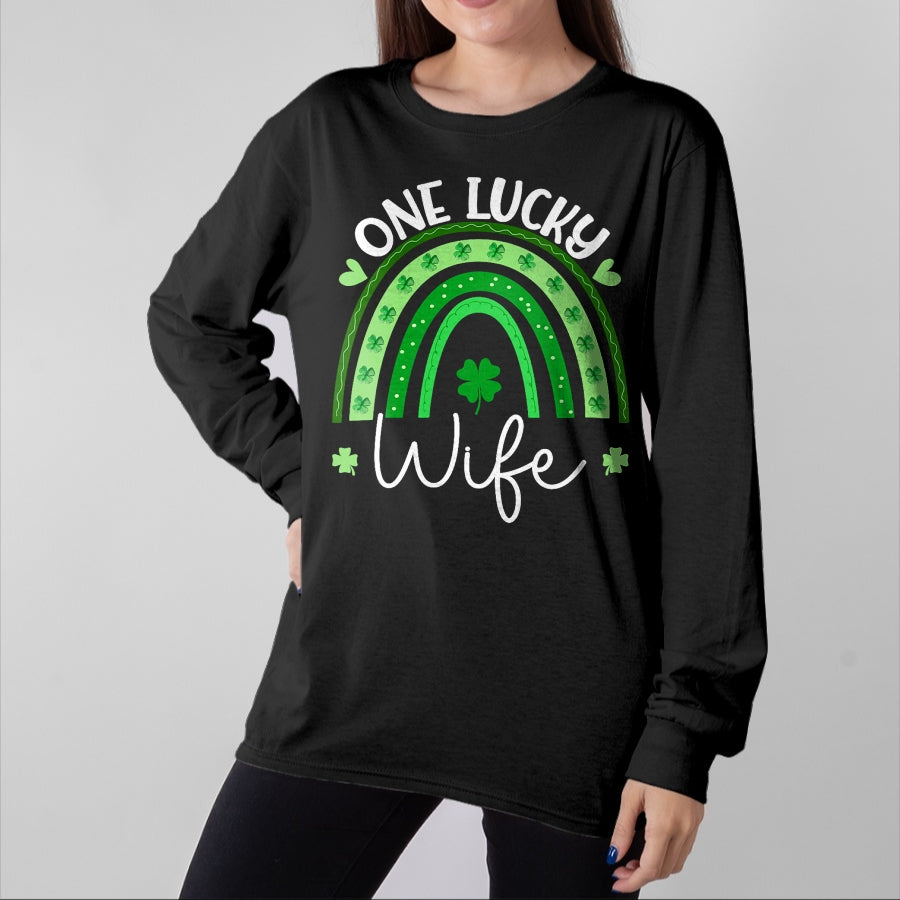 Best Wife Shirt, Wife and Husband Unisex T-Shirt/Hoodie/Sweatshirt HLT00 - Gift for wife T shirt, lucky wife   Womens One Lucky Wife Rainbow Irish St Patricks Day Shamrock V-N