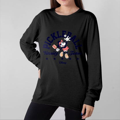Funny Pickleball Shirt, Pickleball Lover Unisex T-Shirt/Hoodie/Sweatshirt HLT00 - Minnie Mouse - Pickleball Serve Varsity Team T-Shirt