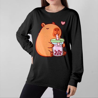 Cute Capybara Shirt, Funny Capybara Unisex T-Shirt/Hoodie/Sweatshirt HLT00 - Cute Capybara Kawaii Anime Girls Drinking Boba Tea Lover T-Shirt