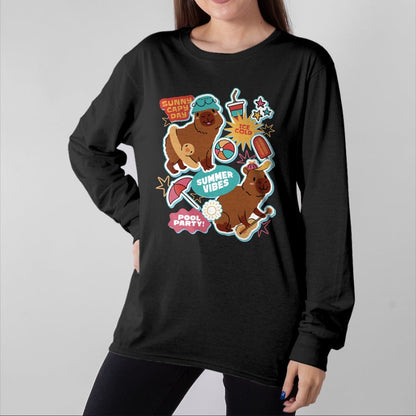 Cute Capybara Shirt, Funny Capybara Unisex T-Shirt/Hoodie/Sweatshirt HLT00 - Summer Capybaras Long Sleeve T-Shirt