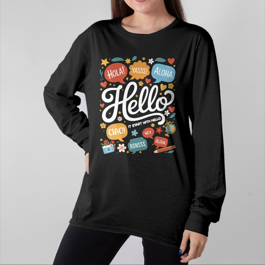 Best Teacher Shirt, Funny Teacher UnisexT-Shirt/Hoodie/Sweatshirt HLT00 - It Starts with Hello Friendship Inclusion Language Teacher T-Shirt (2)